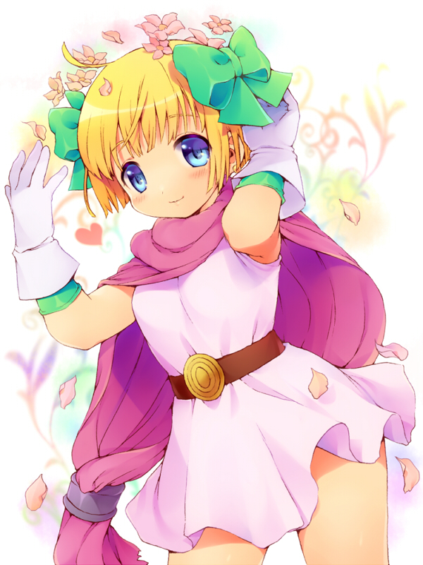 belt, bianca's_daughter, bianca's_daughter, blonde_hair, blue_eyes, bow, cape, dragon_quest, dragon_quest_v, dress, flower, gloves, hair_bow, lovelyclay, short_hair, skirt, smile, solo, white_background, white_dress