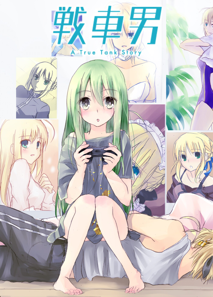 1girl, ahoge, barefoot, blonde_hair, blue_eyes, bottomless, bottomless_female, breasts