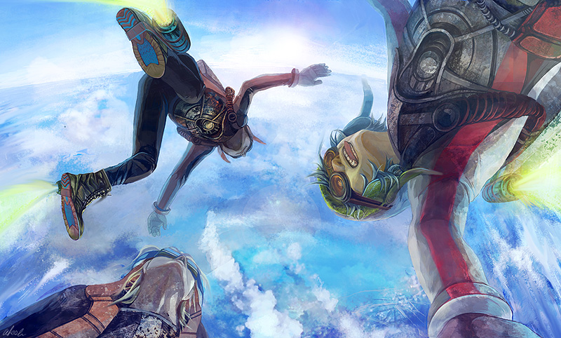 akashiba, cloud, flying, goggles, helmet, jetpack, sky