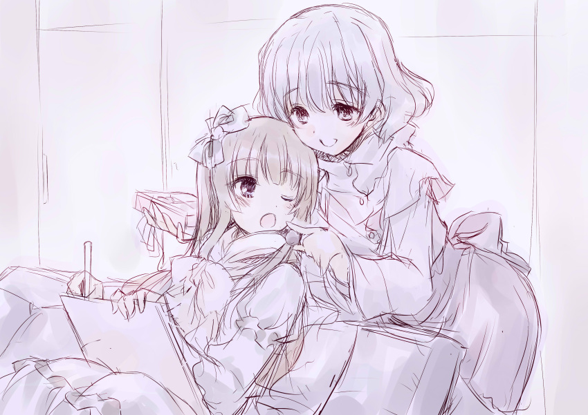 ;o, absurdres, alice_quartet, cheek_poke, fujieda_miyabi, highres, long_hair, multiple_girls, open_mouth, poking, smile, wink, yuri