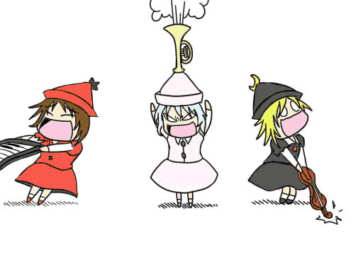 animated, animated_gif, blonde_hair, blue_hair, brown_hair, hat, instrument, lunasa_prismriver