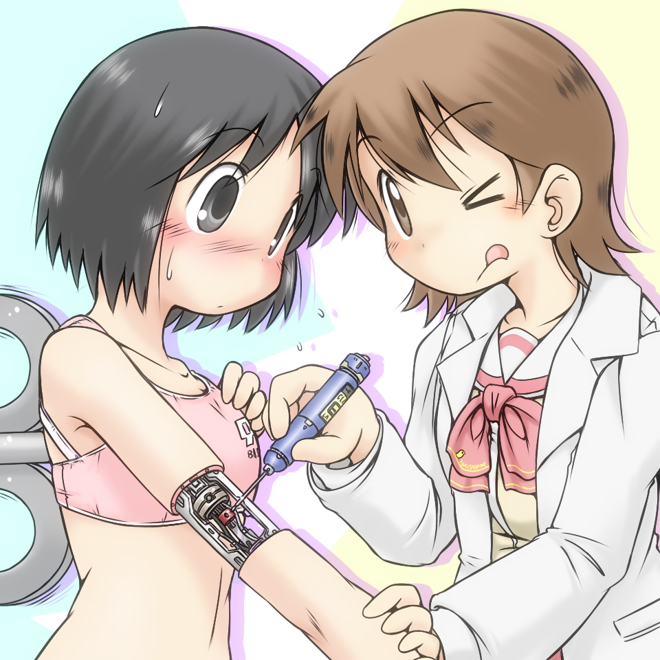 ;q, aioi_yuuko, alternate_costume, android, black_eyes, black_hair, blush, bra_strap