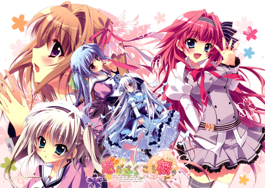 absurdres, asda_konami, blue_eyes, blue_hair, brown_hair, dress, english, fixed