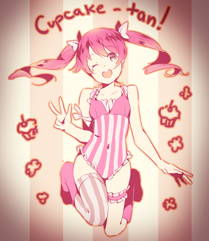 bare_shoulders, blush_stickers, boots, bow, cupcake-chan, frills, garters, hair_bow
