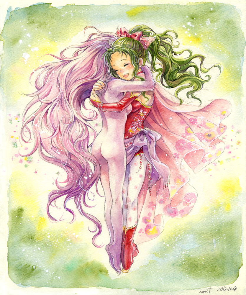 ass, blush, breast_press, breasts, bridal_gauntlets, cape, closed_eyes, dual_persona