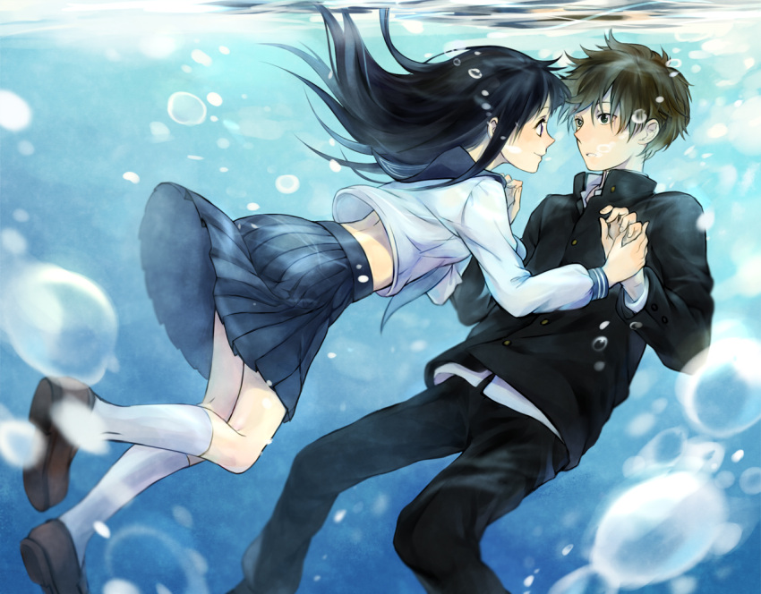 1girl, ayame_(artist), black_eyes, black_hair, bubble, chitanda_eru, hand_holding, holding_hands