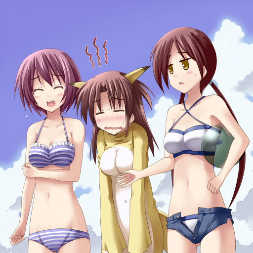 animal_ears, bikini, breasts, brown_hair, closed_eyes, cloud, clouds, costume