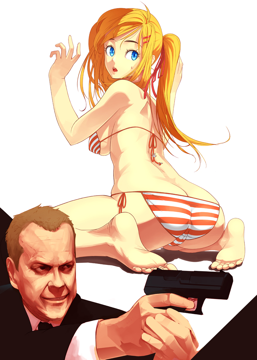 ass, barefoot, bikini, blonde_hair, blue_eyes, breasts, butt_crack, feet, gun, hair_ornament, hairclip, hands, highres, jack_bauer, kiefer_sutherland, kurohachi, large_breasts, long_hair, looking_back, ponytail, side-tie_bikini, soles, striped, striped_bikini, striped_swimsuit, swimsuit, toes, weapon