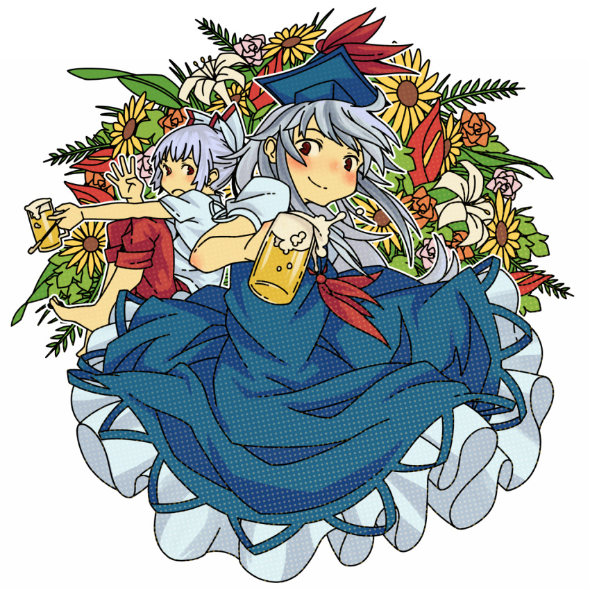 barefoot, beer, blue_hair, blush, bow, dress, flower, fujiwara_no_mokou