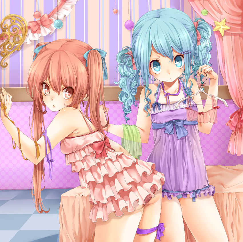 aihara_kaori, bare_shoulders, bed, blue_eyes, blue_hair, blue_panties, blush, bow, clothes_hanger, collarbone, cover_art, cover_image, dress, frills, highres, holding, lingerie, long_hair, looking_at_viewer, momo_bako, momobako, multiple_girls, negligee, original, panties, pantsu, pink_eyes, pink_hair, pink_panties, ribbon, rojiko, star, thigh_ribbon, thigh_strap, twintails, underwear