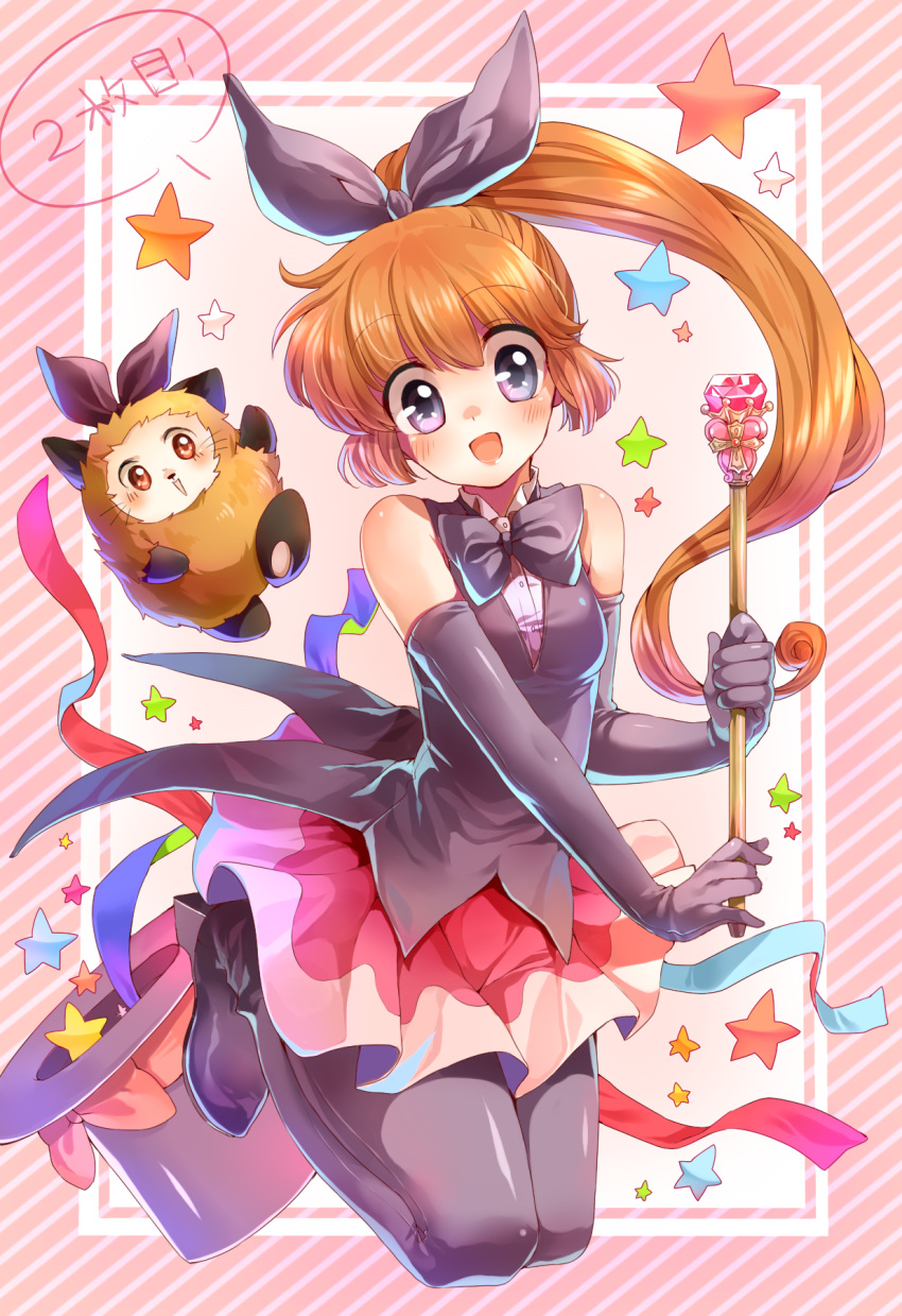 :d, animal, bare_shoulders, black_eyes, black_legwear, blush, bowtie, diagonal_stripes
