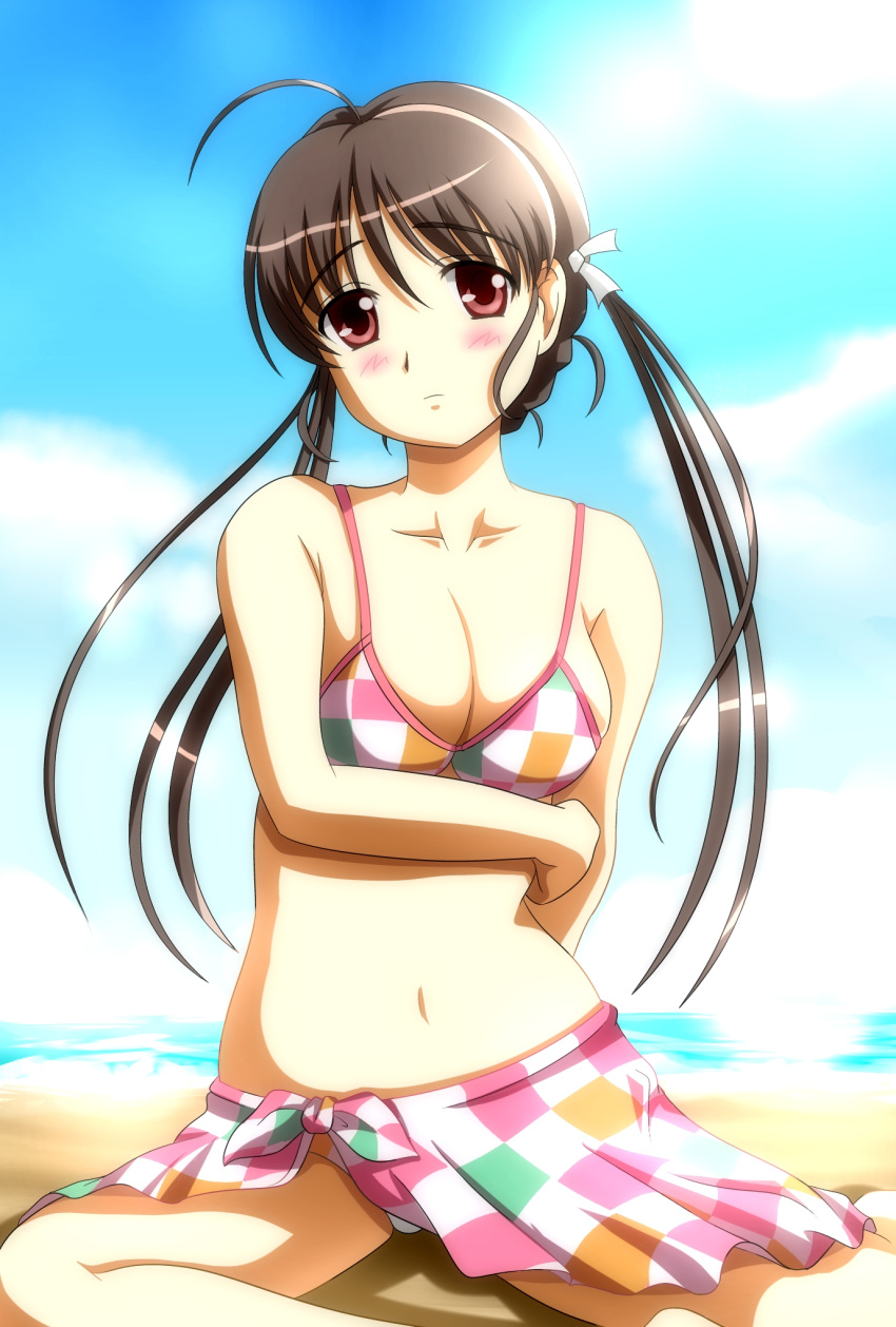 1girl, ahoge, bikini, blush, breasts, brown_hair, checkered, checkered_bikini