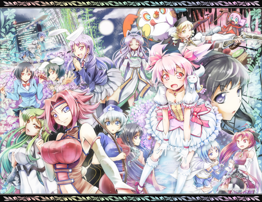 ;d, akemi_homura, animal_ears, bare_shoulders, black_hair, blonde_hair, blue_eyes, blue_hair