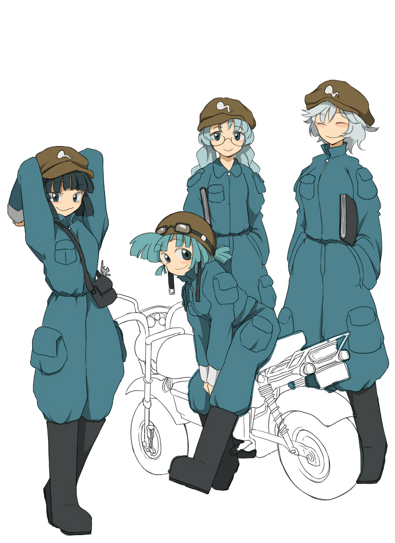 black_hair, blue_hair, boots, chiyoshi_(sevendw), closed_eyes, dark_haired_kappa, extra, eyes_closed