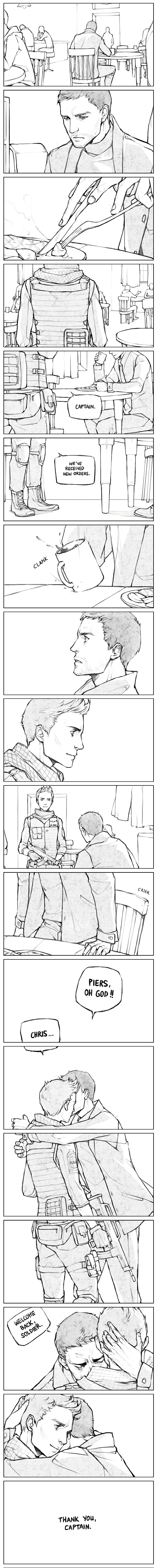 absurdres, chair, chris_redfield, coffee, comic, cup, english, facial_hair, food, fork, good_end, gun, highres, hug, knife, lanimalu, long_image, male, mug, multiple_boys, piers_nivans, resident_evil, resident_evil_6, sitting, smile, spoilers, steak, stubble, surprised, tall_image, tears, weapon