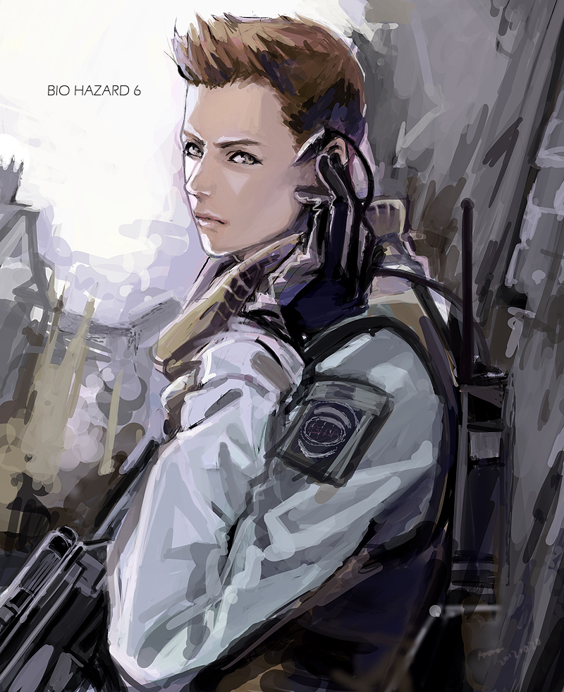 brown_eyes, brown_hair, earpiece, gloves, gun, looking_at_viewer, male, piers_nivans