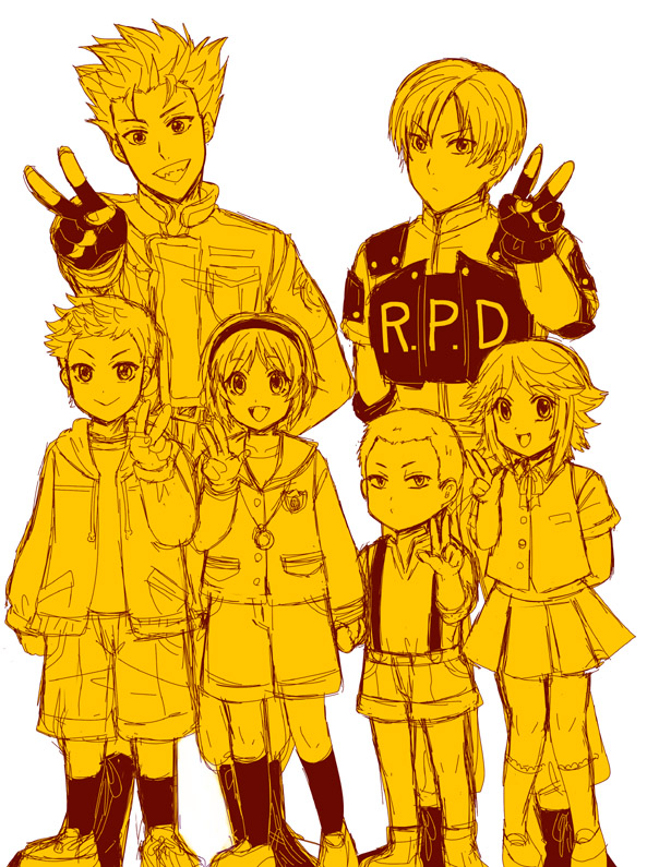 4boys, child, chris_redfield, fingerless_gloves, gloves, grin, hairband, hand_holding