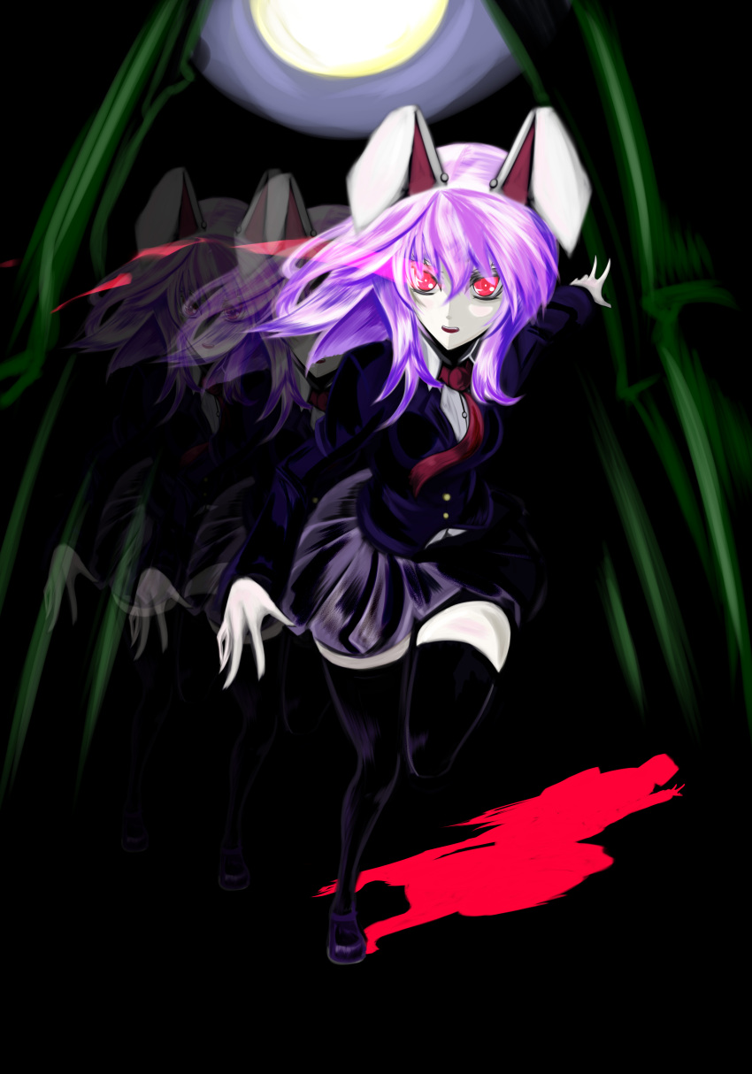 1girl, absurdres, afterimage, animal_ears, bamboo, black_legwear, blazer, bunny_ears