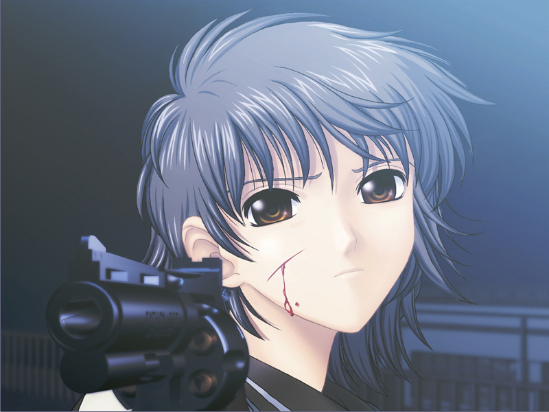 brown_eyes, ein, elen, game_cg, grey_hair, gun, phantom_of_inferno, phatnom_integration