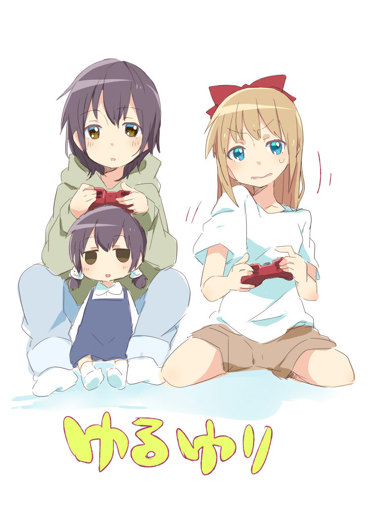 blonde_hair, blue_eyes, brown_eyes, casual, controller, funami_yui, game_controller, hoodie
