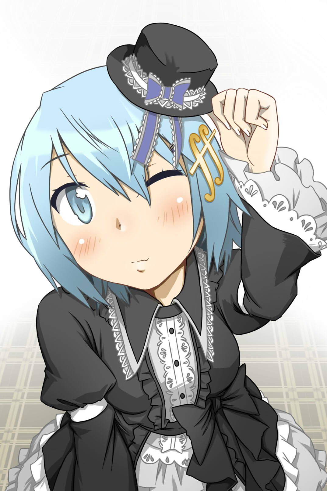 alternate_costume, blue_eyes, blue_hair, gothic_lolita, hair_ornament, hairclip, hat, highres, lolita_fashion, mahou_shoujo_madoka_magica, mahou_shoujo_madoka_magica_movie, miki_sayaka, mini_top_hat, nonone_(the9thxsheep), short_hair, solo, top_hat, wink