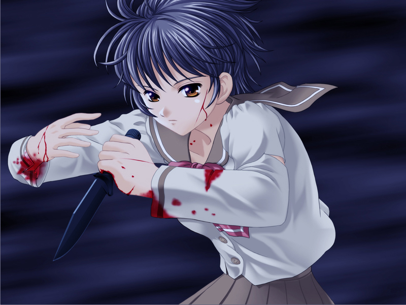 blood, brown_eyes, ein, elen, fight, game_cg, grey_hair, knife