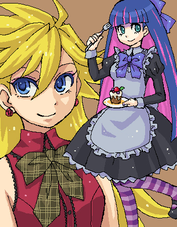 alternate_costume, apron, blonde_hair, blue_eyes, cupcake, hachiko_(murasaki_no_neko), long_hair, lowres, multicolored_hair, multiple_girls, oekaki, panty_&amp;_stocking_with_garterbelt, panty_(psg), pantyhose, pink_hair, purple_hair, purple_legwear, stocking_(psg), striped, striped_legwear