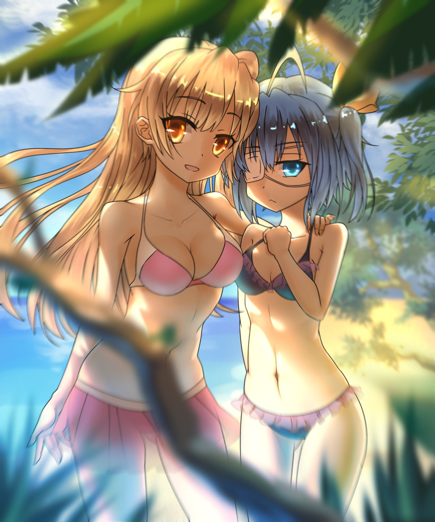 absurdres, bikini, bikini_skirt, blue_eyes, blue_hair, blurry, brown_eyes, brown_hair