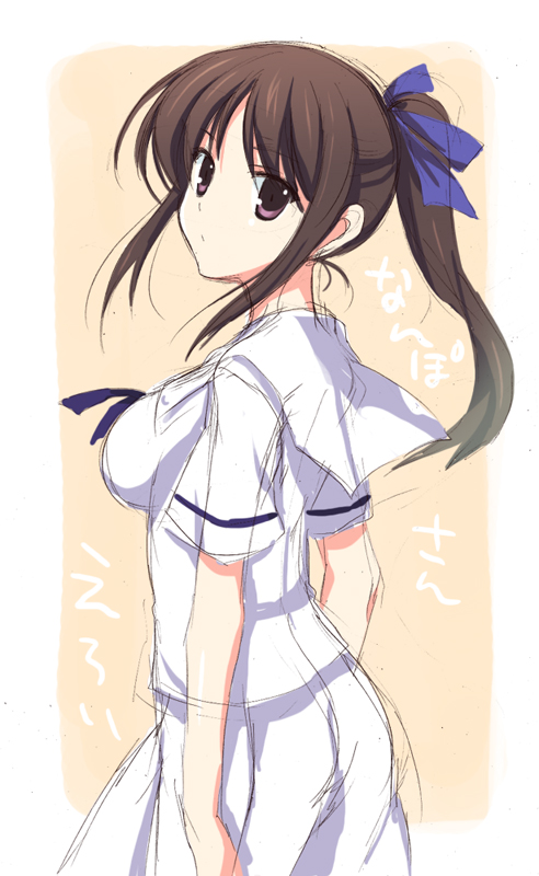 brown_eyes, brown_hair, long_hair, looking_back, nanpo_kazue, odawara_hakone, ponytail, saki