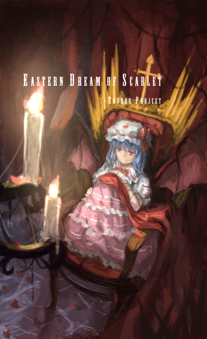 absurdres, blue_hair, candle, dress, hat, highres, red_eyes, remilia_scarlet, riko233, sewing, short_hair, solo, throne, touhou