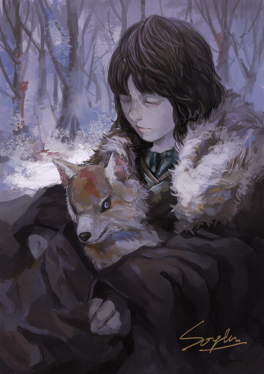 a_song_of_ice_and_fire, absurdres, bran_stark, dog, highres, puppy, realistic, red_hair
