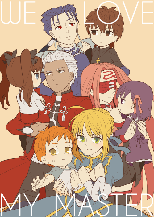 4girls, age_regression, ahoge, archer, black_hair, blind_fold, blindfold, blonde_hair, blue_eyes, brown_hair, child, cross, cross_necklace, dark_skin, emiya_shirou, fate/stay_night, fate/zero, fate_(series), green_eyes, jewelry, kotomine_kirei, lancer, matou_sakura, multiple_boys, multiple_girls, necklace, orange_hair, pink_hair, purple_eyes, purple_hair, rider, saber, tnaym, tohsaka_rin, toosaka_rin, violet_eyes, white_hair, yellow_eyes, young