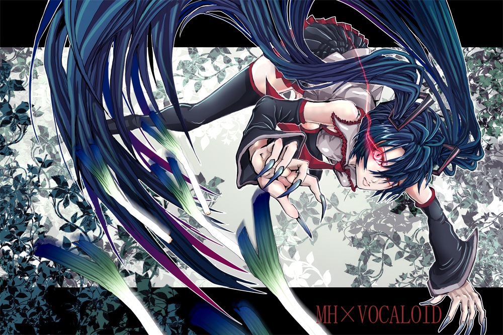 damien666-n, detached_sleeves, fingernails, glowing, glowing_eye, hatsune_miku, long_fingernails, long_hair