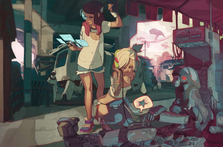 aircraft, alley, arcade, arcade_cabinet, blue_eyes, breasts, brosa, cityscape