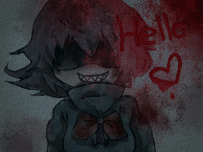 animated, animated_gif, black_hair, blood, creepy, dark, english, evil_grin, evil_smile, grin, heart, houjuu_nue, lowres, minimilk, sharp_teeth, short_hair, smile, solo, teeth, touhou, yandere