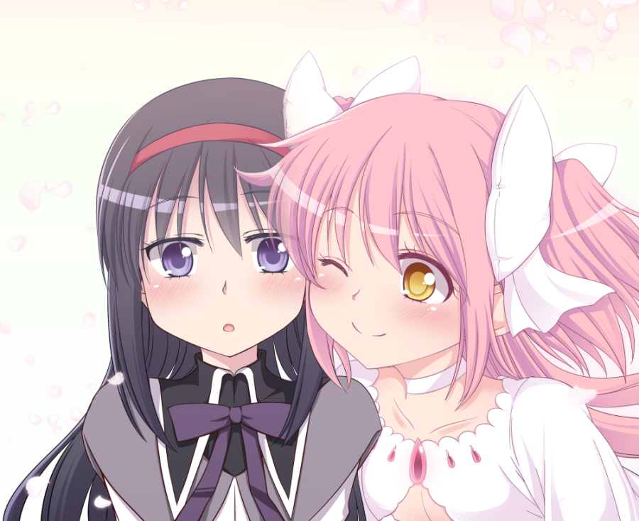 :o, ;), akemi_homura, black_hair, blush, bow, capelet, cheek-to-cheek