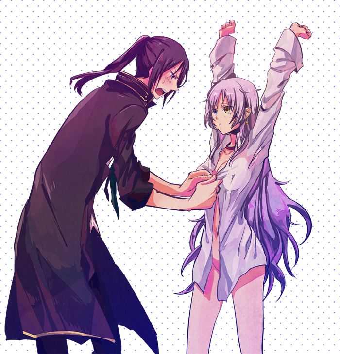 1girl, :<, black_hair, blush, collar, dressing, earrings, hands_up