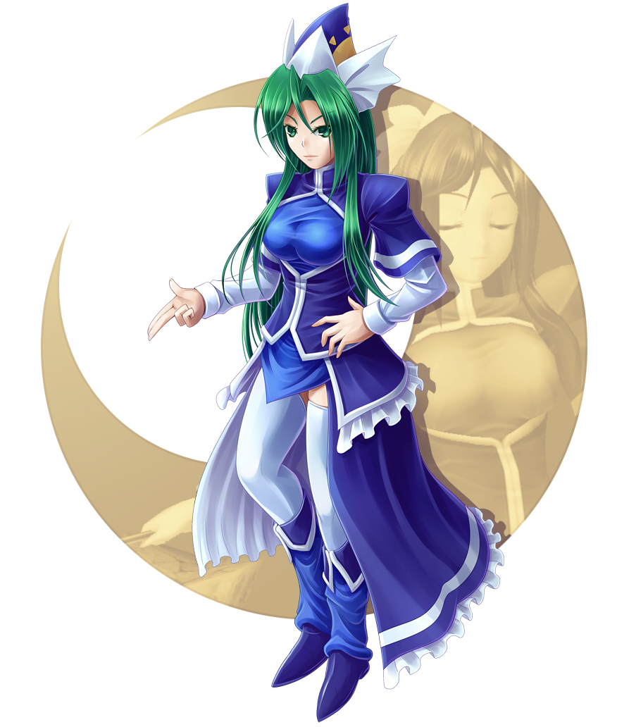 alternate_costume, boots, crescent_moon, full_body, green_eyes, green_hair, hand_on_hip, hat
