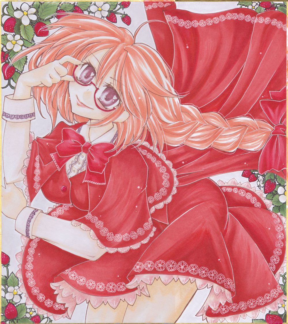 adjusting_glasses, amedama_(mikan_ame), bespectacled, bowtie, braid, cape, capelet, doily