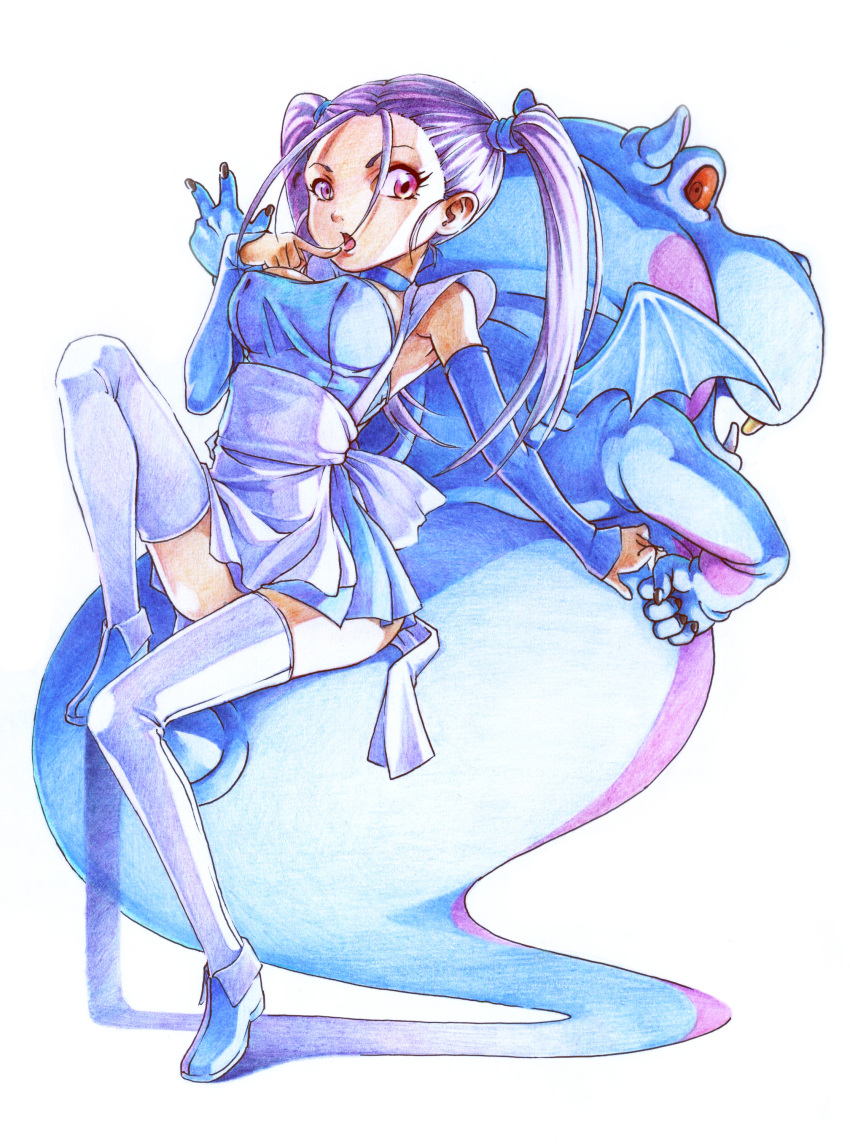 (blue, absurdres, blue_dragon, bouquet, bouquet_(blue_dragon), bouquet_blue_dragon, breasts, dragon), erect_nipples, flower, highres, simple_background, thigh-highs, thighhighs, traditional_media, twintails, white_background, white_legwear