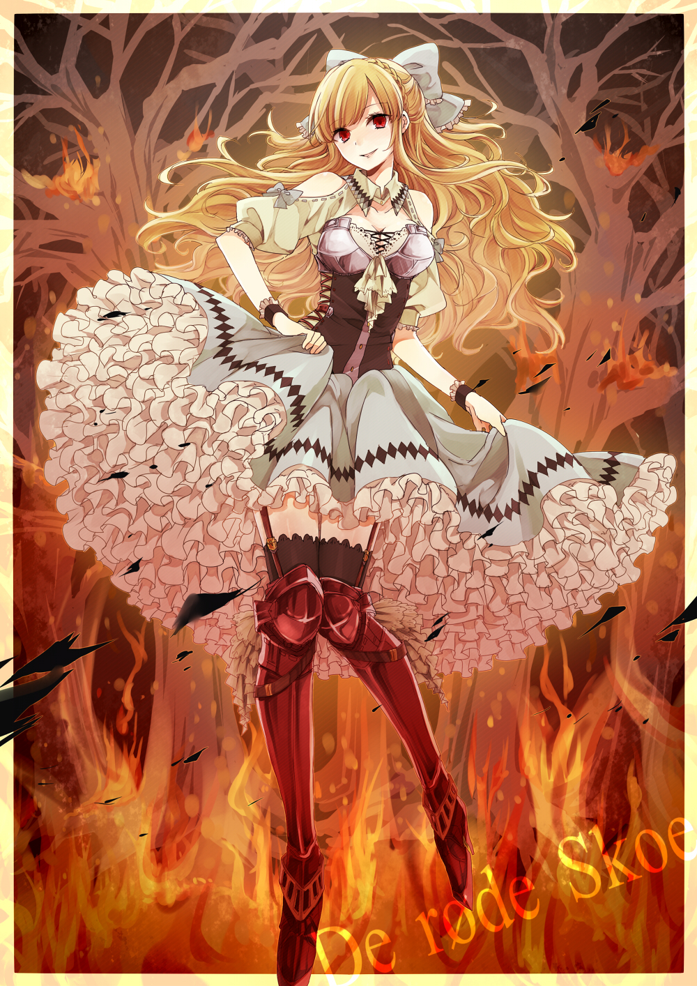 azusa_(sarie303030), black_legwear, blonde_hair, bow, breasts, burning, bustier, cleavage