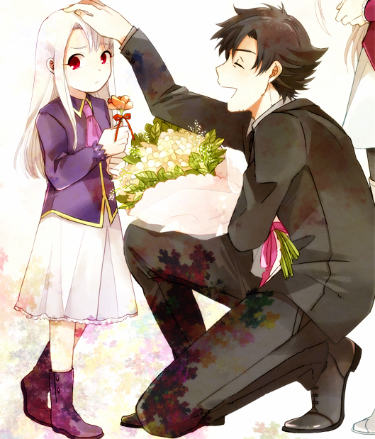 2girls, black_hair, bouquet, emiya_kiritsugu, family, fate/zero, fate_(series), flower, illyasviel_von_einzbern, irisviel_von_einzbern, long_hair, matsuko, multiple_girls, petting, red_eyes, white_hair