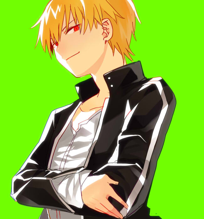 blonde_hair, casual, fate/stay_night, fate_(series), gilgamesh, green_background, male, red_eyes