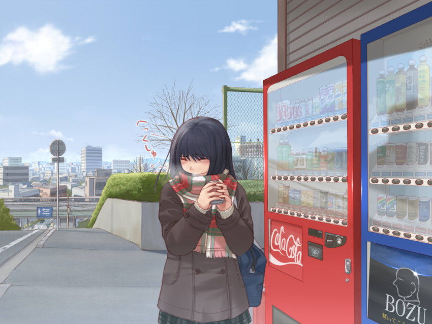blazer, brown_hair, can, cityscape, closed_eyes, coca-cola, eyes_closed, original