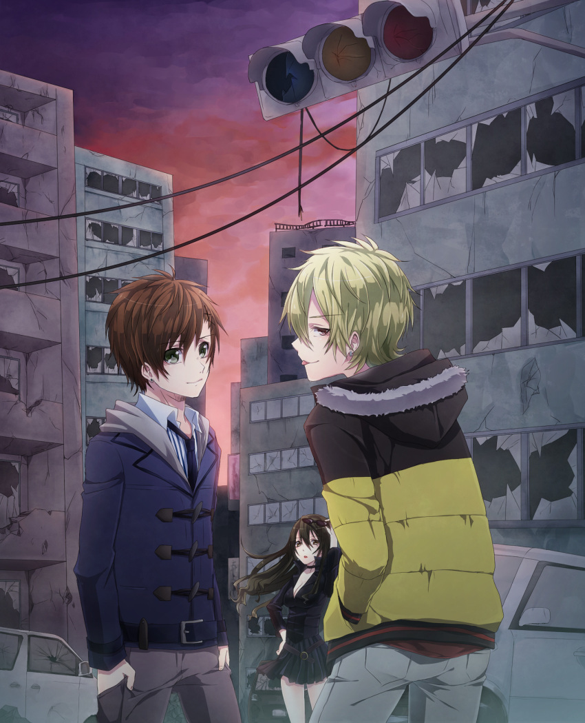 2boys, belt, black_hair, breasts, choker, cleavage, dress, earrings