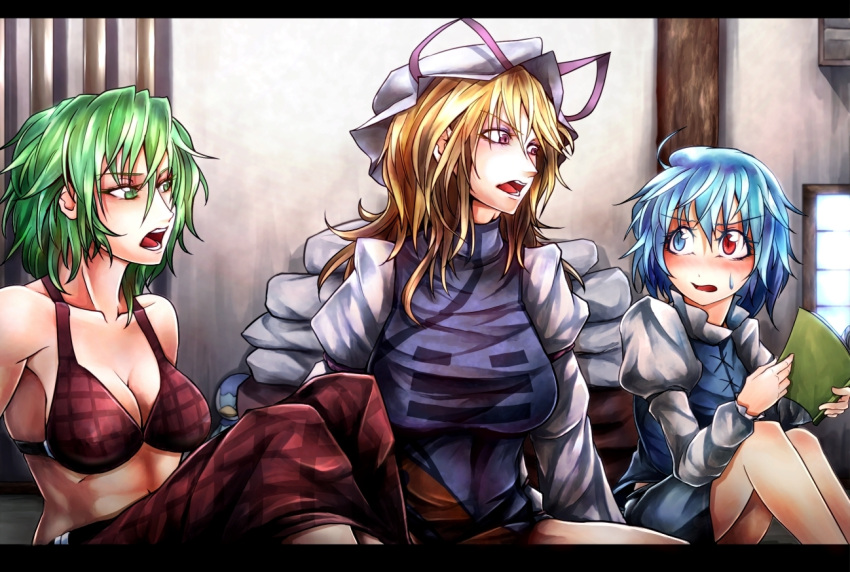 bare_shoulders, blonde_hair, blue_eyes, blue_hair, blush, book, bra, breasts