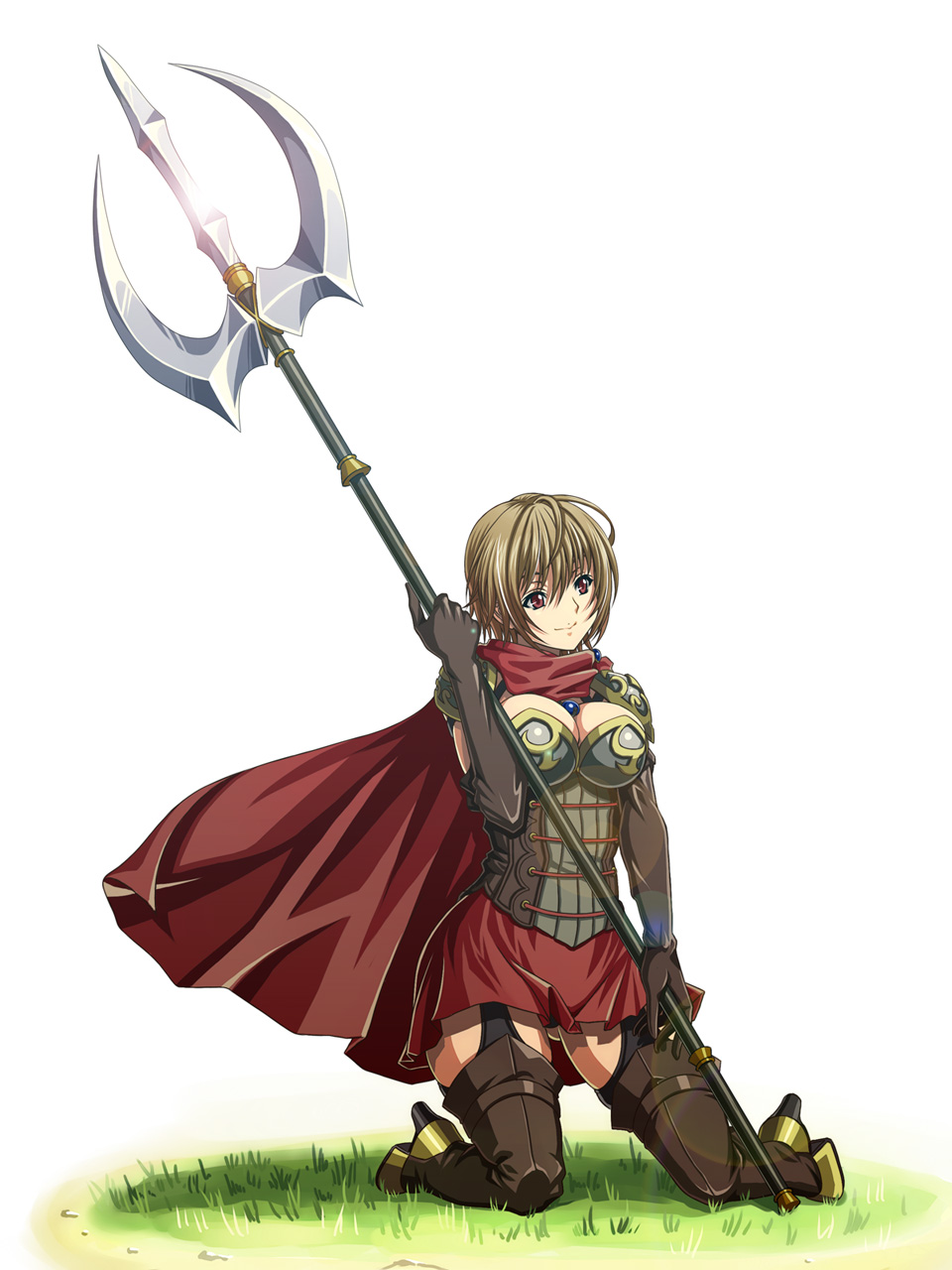 boots, breasts, brown_hair, cape, cleavage, corset, elbow_gloves, gloves