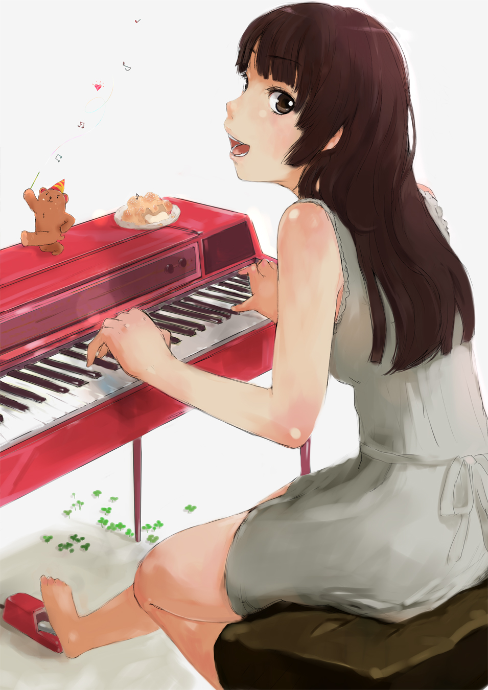 blush, brown_eyes, brown_hair, cake, food, hands, highres, instrument