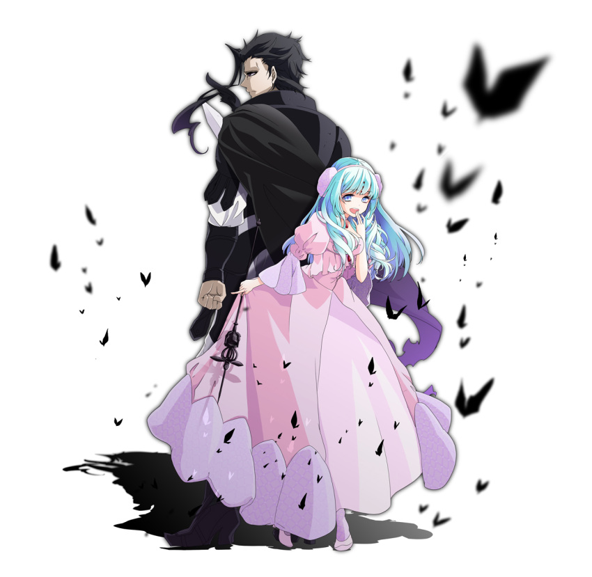 1girl, aqua_hair, black_hair, blue_eyes, butterfly, cape, dress, dunya_mustashim