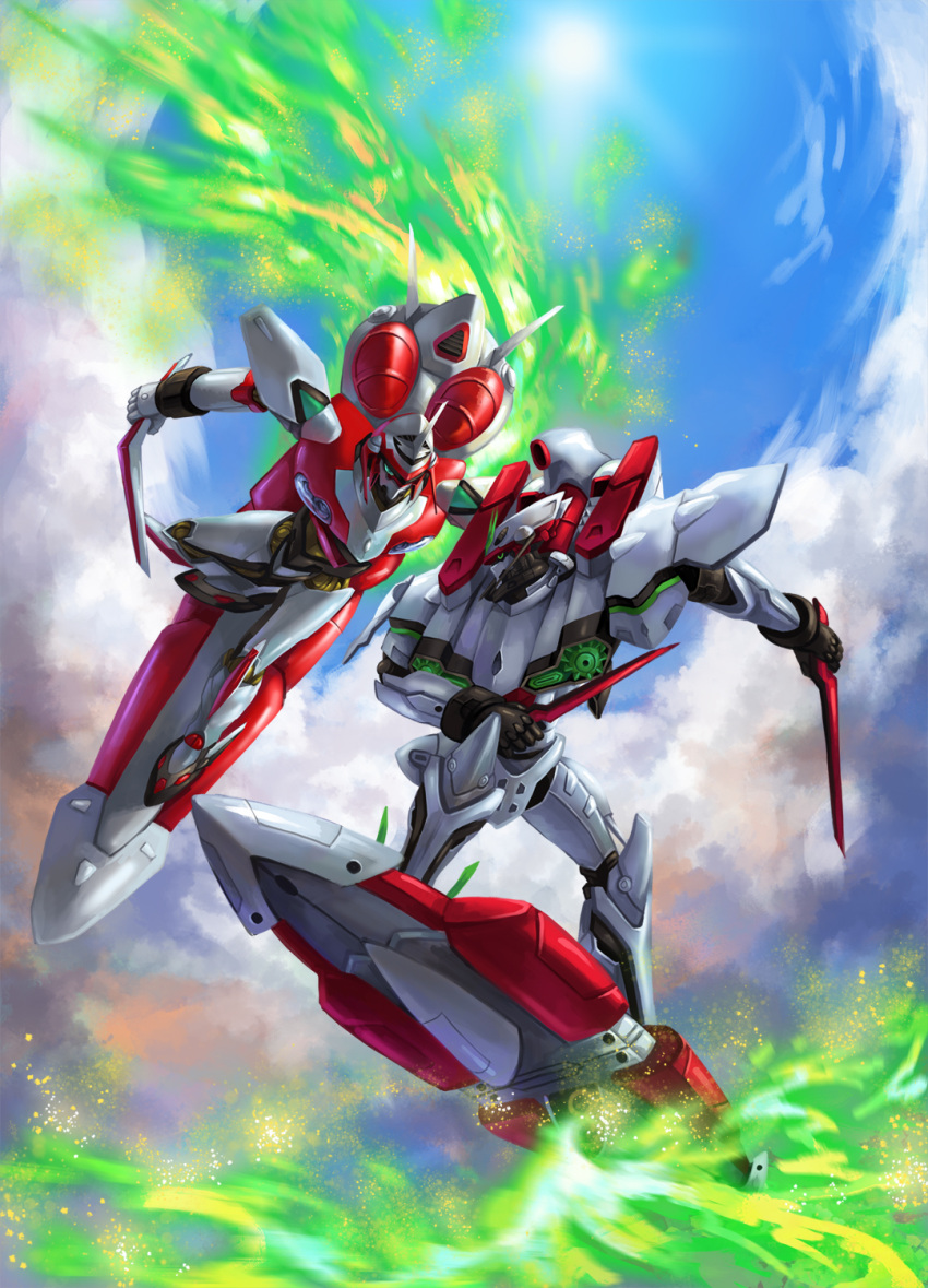 battle, board, cloud, clouds, dagger, eureka_seven, eureka_seven_(series), eureka_seven_ao, flying, highres, mecha, nirvash, nirvash_neo, nirvash_typezero, sky, sun, weapon